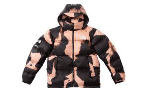 The North Face Bleached Denim Print Nuptse Jacket Brown